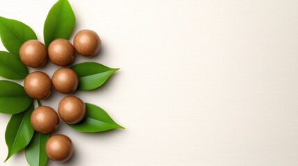 Brown Spheres and Green Leaves on Light Wood Background