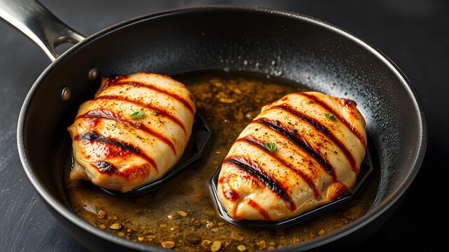 Frying pan with tasty grilled chicken breast on black background. Generative AI