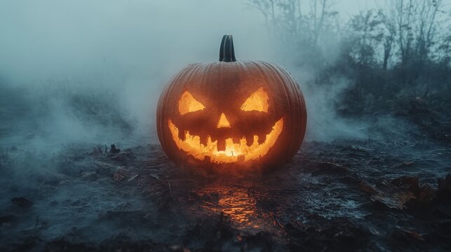 halloween concept scary pumpkins on dark foggy background