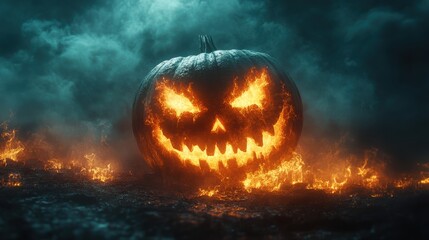 Naklejka premium halloween concept scary pumpkins on dark foggy background