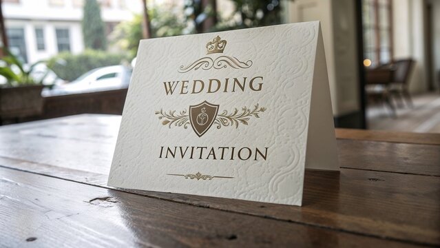 Formal sophisticated wedding invitation with classic typography and embossed detailing on wooden table