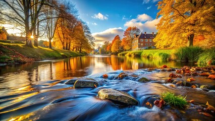 Obraz premium River meets lake, autumnal hues, modern architecture.