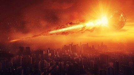 Apocalyptic scene of a fiery celestial body descending towards a city skyline at sunset