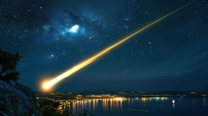 Bright meteor streaks across a starry night sky over a tranquil coastal city landscape