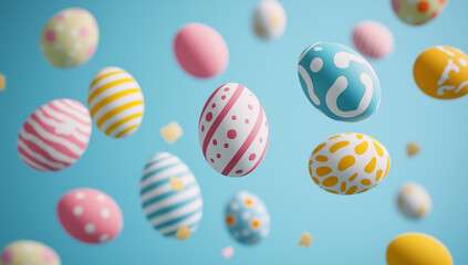 Obraz premium Colorful eggs with patterns flying on a white background against a blue backdrop. Easter card. Banner.