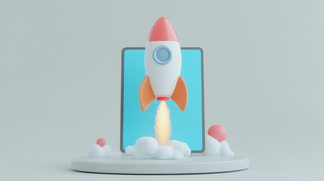 Start up concept with abstract rocket launching from tablet screen on light grey background. 3D Rendering