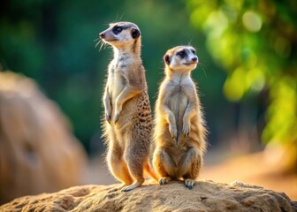 Fototapeta premium Sandy Hill meerkats, inquisitive, uncover a surprising sight.
