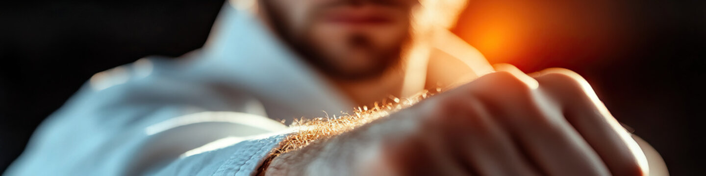 Close-up of Male Arm and Fist in White Karate Gi
