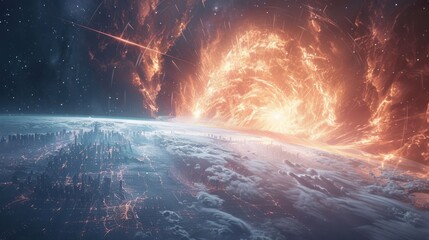Fototapeta premium A breathtaking cosmic scene showcasing a fiery solar eruption above a futuristic cityscape