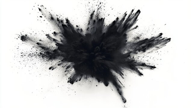 Black powder explosion, white background, studio shot, design element