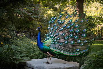 Obraz premium Majestic Peacock in Full Display Amidst Lush Greenery Capturing Nature's Elegance and Beauty