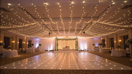 Beautifully lit wedding dance floor with twinkling lights overhead, romantic atmosphere, no people