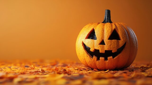 halloween pumpkin on orange background halloween holiday concept copy space