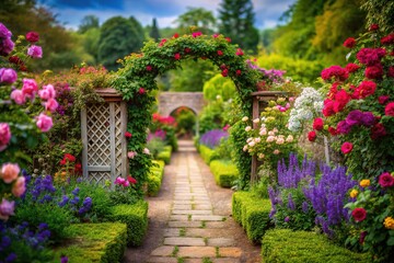 Stone path, hidden arbor, tilted English garden views.