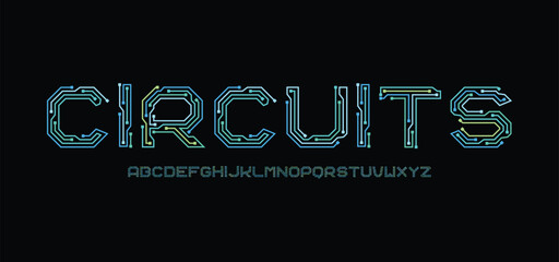 Tech circuit font, computer type, motherboard typeface, microcircuit english alphabet letters and numbers, vector typography set. Future technology circuit font with microchip neon lines pattern

