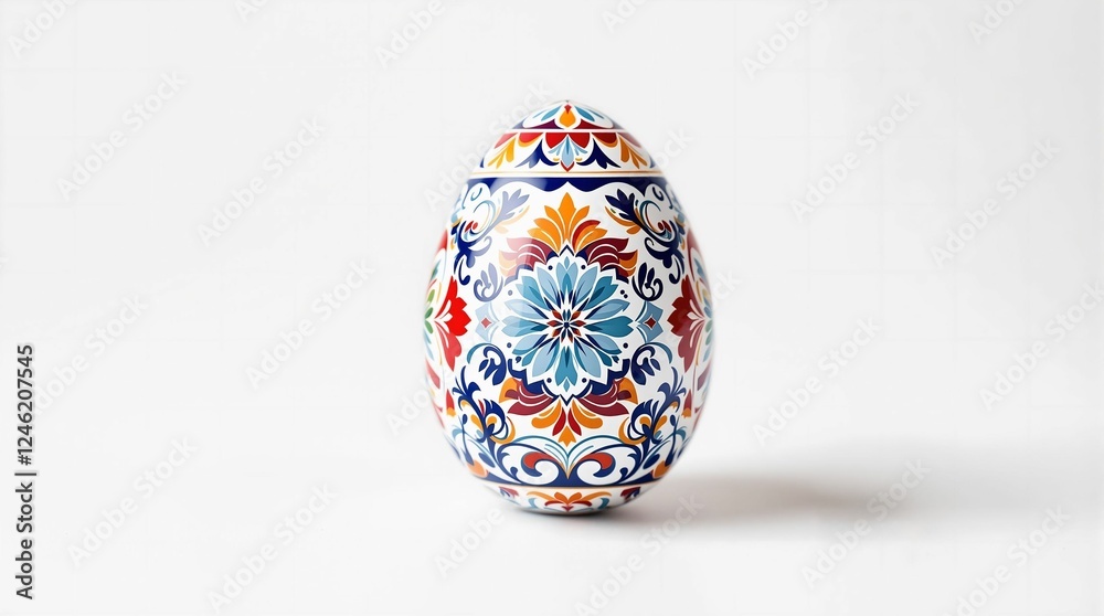 Poster a decorative egg-shaped object with a vibrant floral pattern, set against a pristine white backgroun