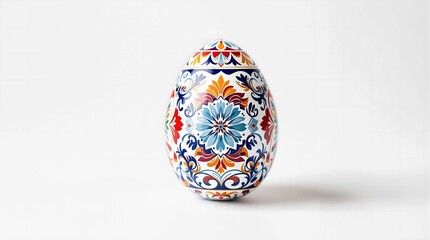 A decorative egg-shaped object with a vibrant floral pattern, set against a pristine white background. The egg is adorned with a myriad of colors, including blues, reds, yellows, and greens, creating 