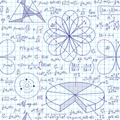 Math vector seamless pattern with handwritten mathematical and physics formulas, equations and figures on grid copybook sheet