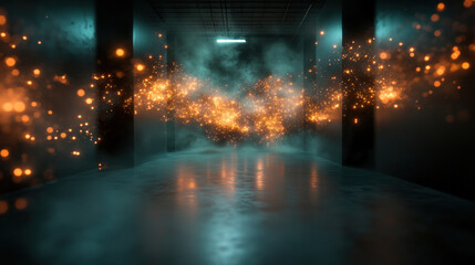 Naklejka premium An ethereal hallway is illuminated by sparkling dust particles, creating a magical ambiance that invites exploration and ignites the imagination through its vivid colors and mystery.