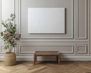 Minimalist interior with blank canvas and plant.