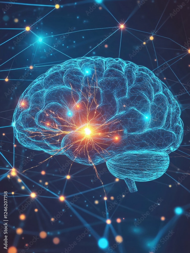 Aufkleber scientific depiction of brain and nervous system showcasing neuron pathways and electrical activity.