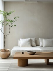 Minimalist interior with natural elements.