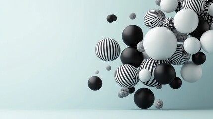 Black pearls fly in space. Matte sphere randomly scattered. 3d balls are falling - render illustration. Abstract trendy stylish wallpaper background. Advertising presentation banner with copy space
