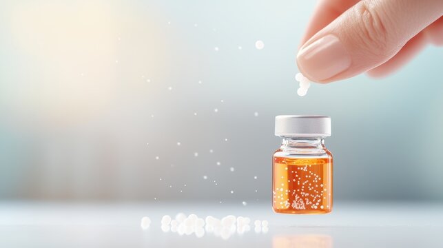 Close up on a hand vigorously shaking a vial of homeopathic remedy, highlighting the process of succussion to enhance its potency.