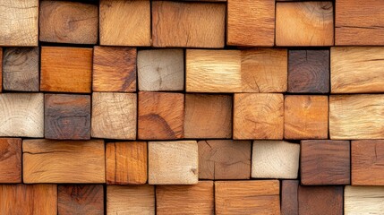 Fototapeta premium Textured wooden block wall panel with varying brown tones and natural grain patterns creates a modern rustic interior design background.