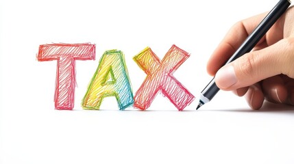 Taxes word cloud and hand with marker concept on white background.