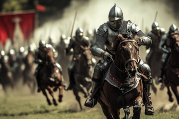 Group of medieval knights on horseback charging into battle in full armor, stirring up dust behind them. Intense and dramatic scene capturing historical warfare readiness