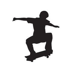 silhouette icon of a man skateboarding in the air while flapping his arms to maintain balance