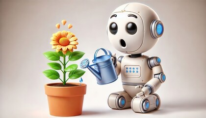 Obraz premium Robot watering flower in a cozy indoor garden cute action scene playful design