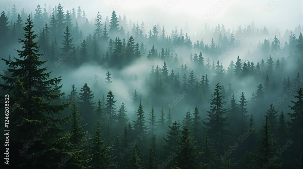 Poster a breathtaking view of a dense forest shrouded in mist, with the trees standing tall and their dark 
