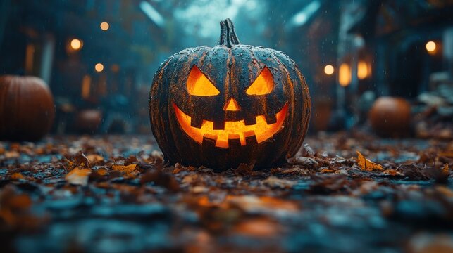 halloween pumpkin with scary face on dark background halloween concept copy space