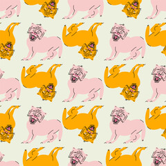 Cute seamless pattern with cats with open mouth and tongue hanging out. Vector print, design, background