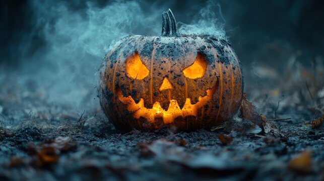 halloween pumpkin with scary face on dark background halloween concept copy space