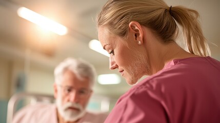 Obraz premium A nurse, with a warm and reassuring presence, gently assists an elderly patient in getting out of bed, demonstrating patience and compassion in their care.