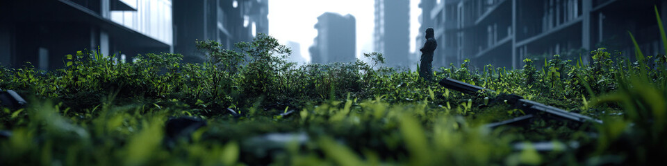 Fototapeta premium Overgrown Urban Landscape with Figure and Scattered Weaponry