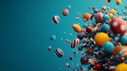Fototapeta premium 3d render illustration for advertising. Falling pink balls on a blue background.