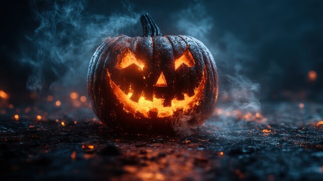 halloween pumpkin with smoke on old wooden background halloween concept