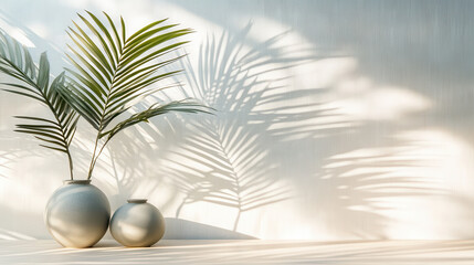 Obraz premium A visually captivating scene of palm frond shadows projected onto a smooth neutral-toned surface, evoking a sense of serenity and natural harmony, soft gradients of light and shadow creating a dynamic
