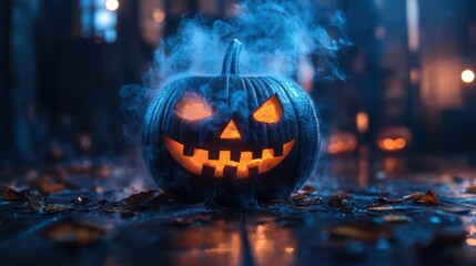 Obraz premium halloween pumpkin with smoke on wooden background copy space for text
