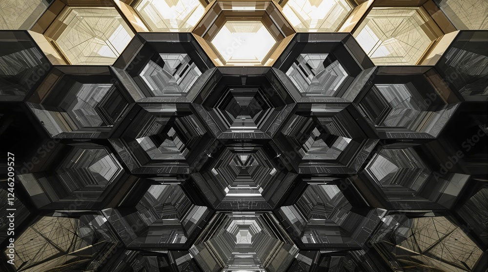 Aufkleber A close-up view of a hexagonal structure, likely a part of a building, with a series of hexagonal tiles arranged in a symmetrical pattern. The tiles are of varying sizes and colors, with some tiles ha