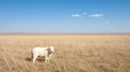 Obraz premium Lamb in vast grassland under blue sky; pastoral scene for agriculture
