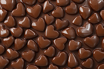Fototapeta premium A close-up of shiny, heart-shaped chocolate pieces on a smooth chocolate surface.