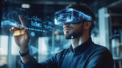 Young man wearing VR headset, interacting with digital holographic data in a modern office space.