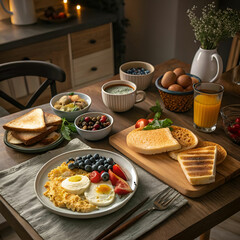 A high-angle view of a breakfast spread on a table.