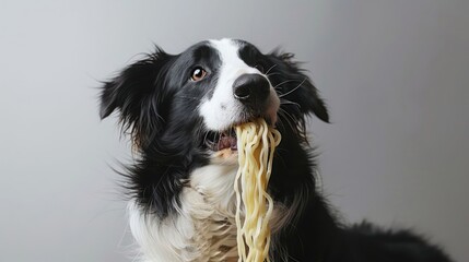 Playful dog with spaghetti hanging from its mouth, set against a neutral background, showcasing humor