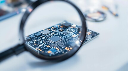 A close-up shot of a circuit board under a magnifying glass, with a blurred background. The circuit board is illuminated, revealing its intricate details, and the glass is held up to the board, allowi